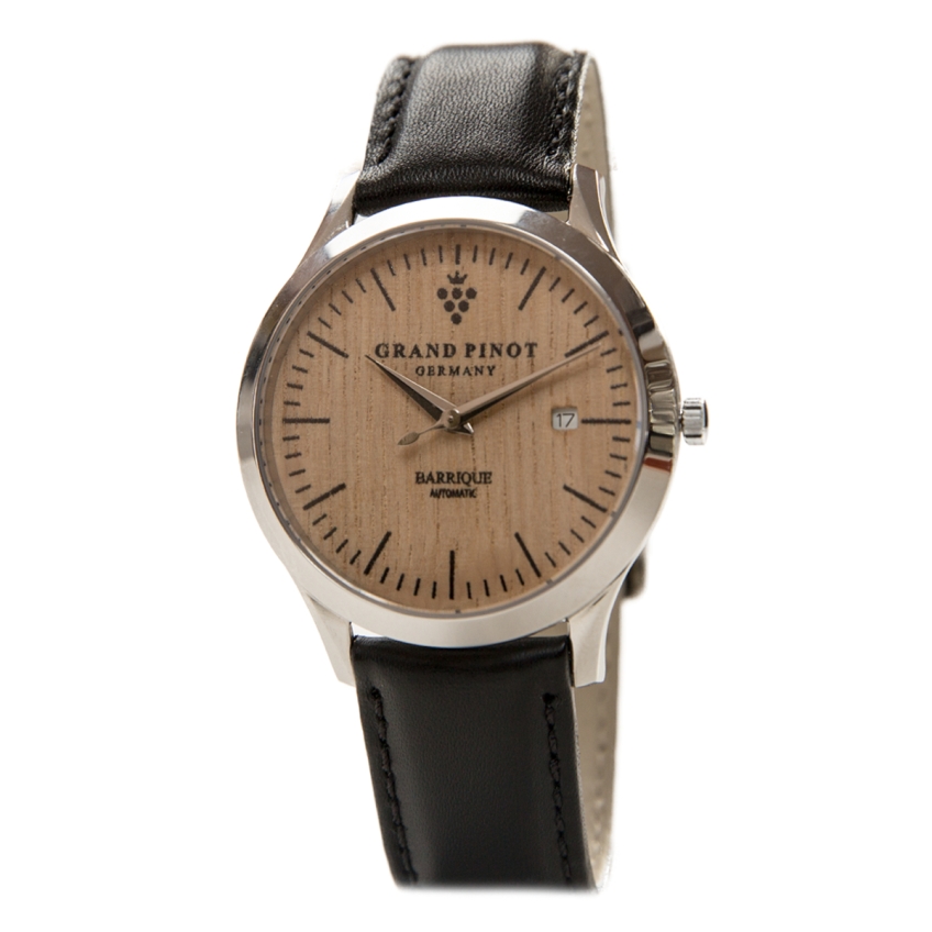 Grand Pinot Herren-Armbanduhr HERITAGE-AUTOMATIC (42 mm) Silber:Barriquefass mit schwarzem Lederarmband geschlossen